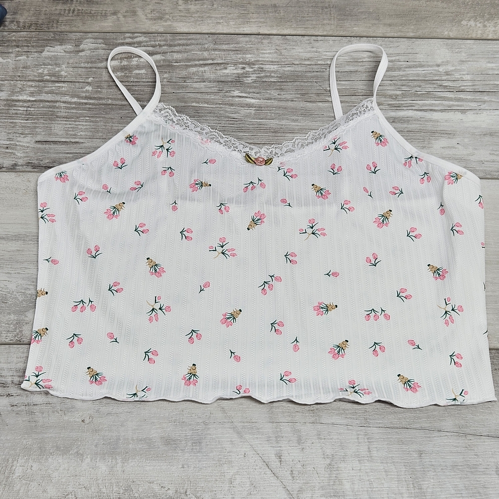 Floral Tulip Print Cami Crop Top XL White Pink Lace Trim Ribbed Coquette